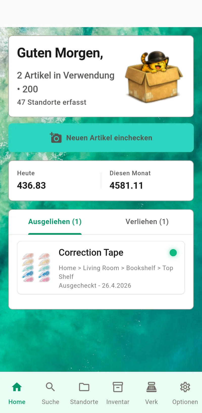 Where The Bleep Start-Dashboard mit Artikel-Check-in und Nachverfolgung