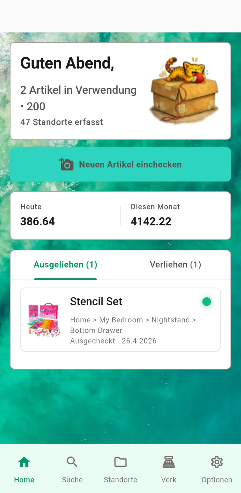 Where The Bleep Start-Dashboard mit Artikel-Check-in und Nachverfolgung