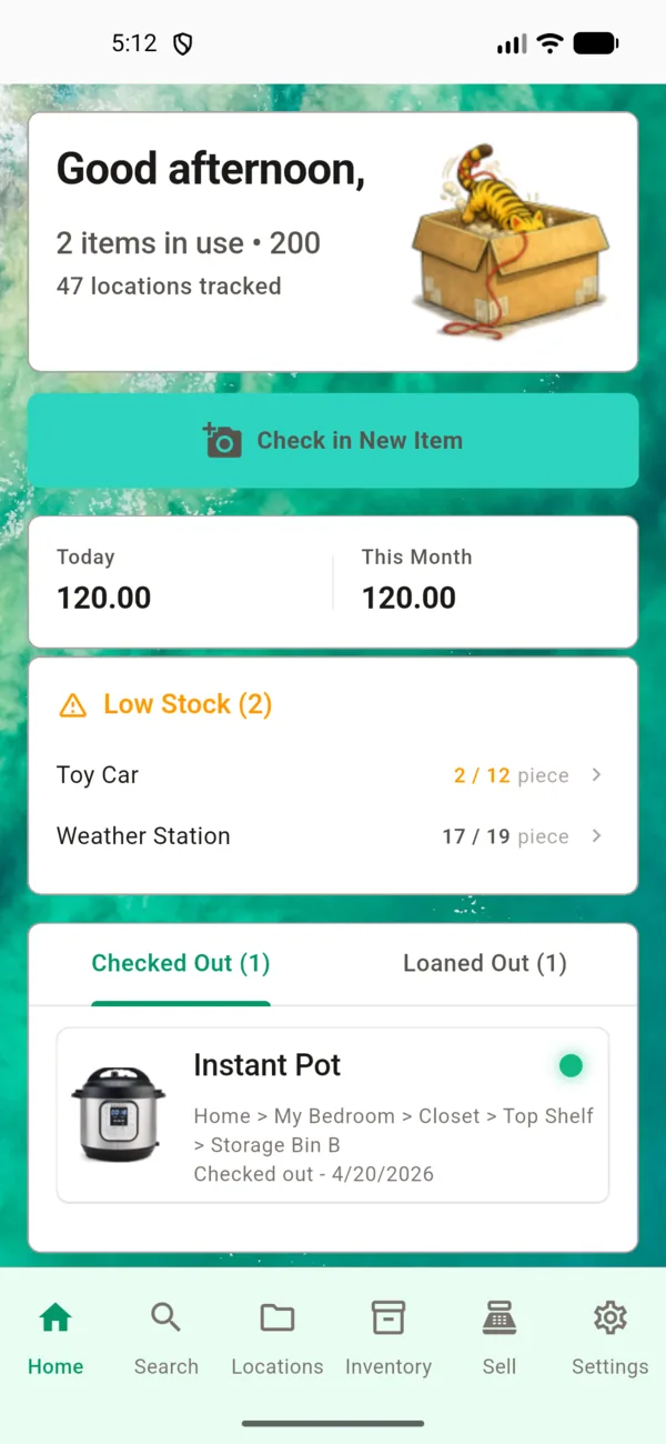 Where The Bleep home dashboard showing item check-in and tracking