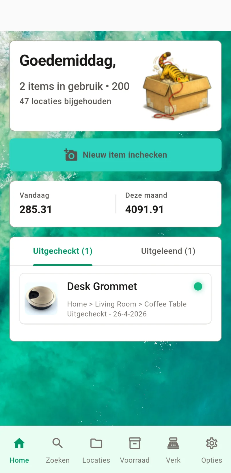 Where The Bleep startscherm met item-inchecken en tracking
