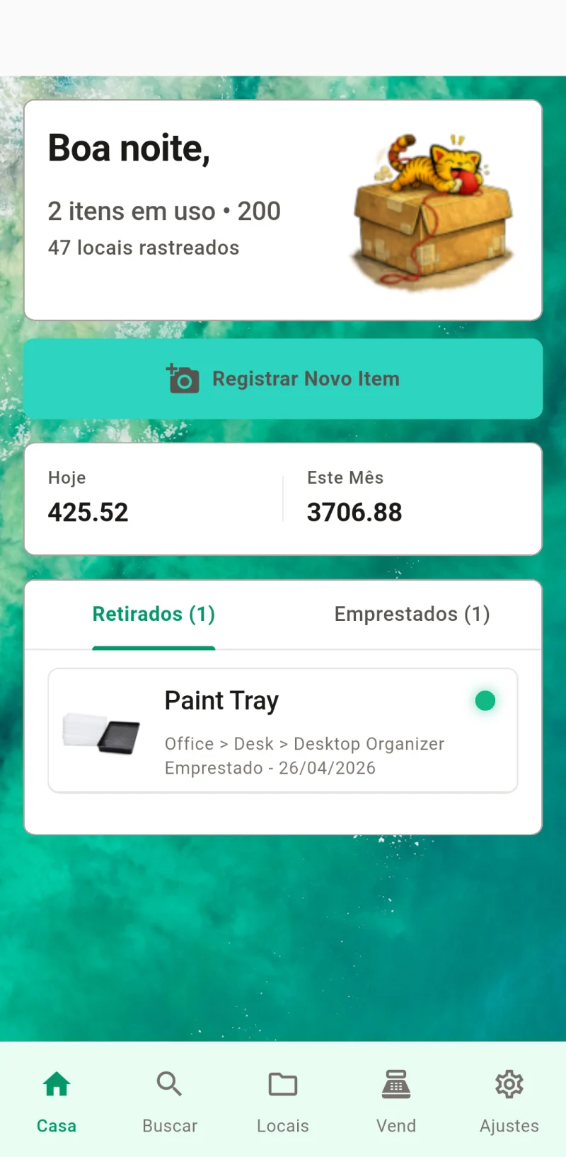 Painel principal do Where The Bleep mostrando check-in e rastreamento de itens