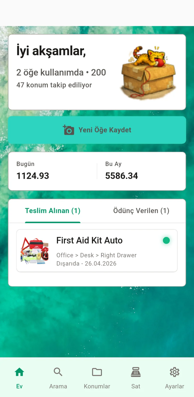 Where The Bleep ana panosu, öğe giriş ve takip ekranı